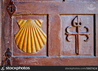 Santiago de Compostela end of Saint James Way carved wood sign in Galicia Spain