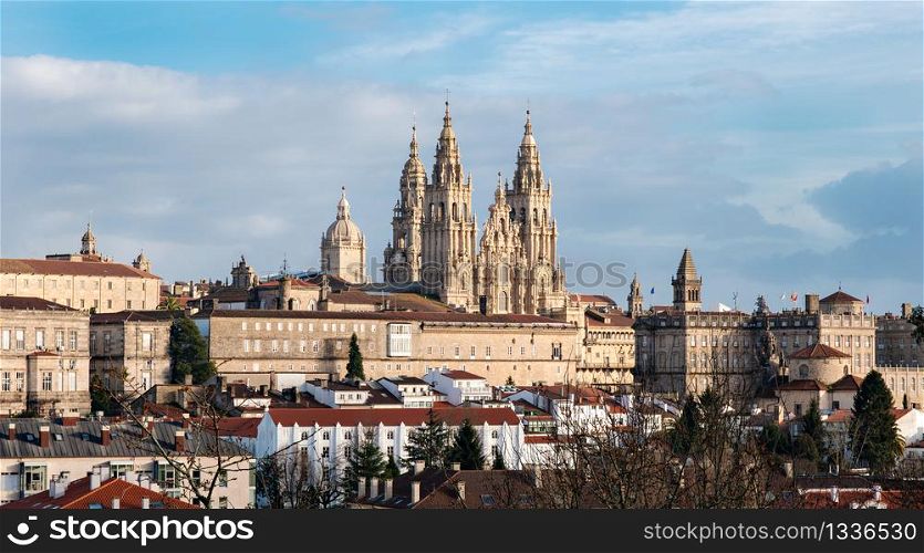 Santiago de Compostela panoramic view and the amazing Cathedral with the new restored facade. Camino de Santiago, Galicia Spain