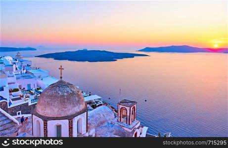 Santorini and Aegean sea at sundown, Thira town, Greece. Lanscape with space for your own text
