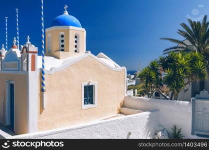 Santorini, Greece. Blue Domed Church, Greek landmark.. Santorini, Greece. Blue Domed Church