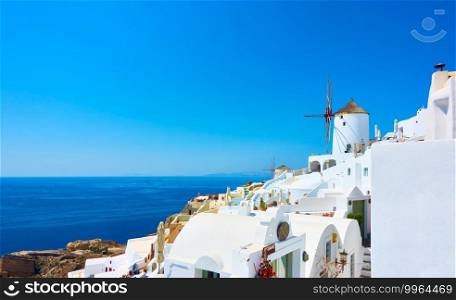 Santorini landscape. Panoramic view of Oia town by the sea, Greece