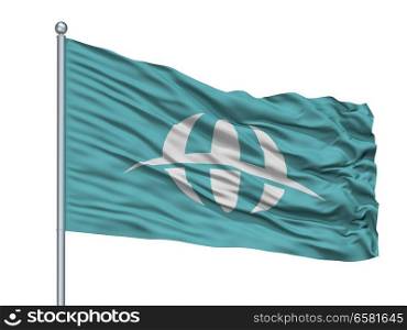 Sanyo City Flag On Flagpole, Country Japan, Yamaguchi Prefecture, Isolated On White Background. Sanyo City Flag On Flagpole, Japan, Yamaguchi Prefecture, Isolated On White Background