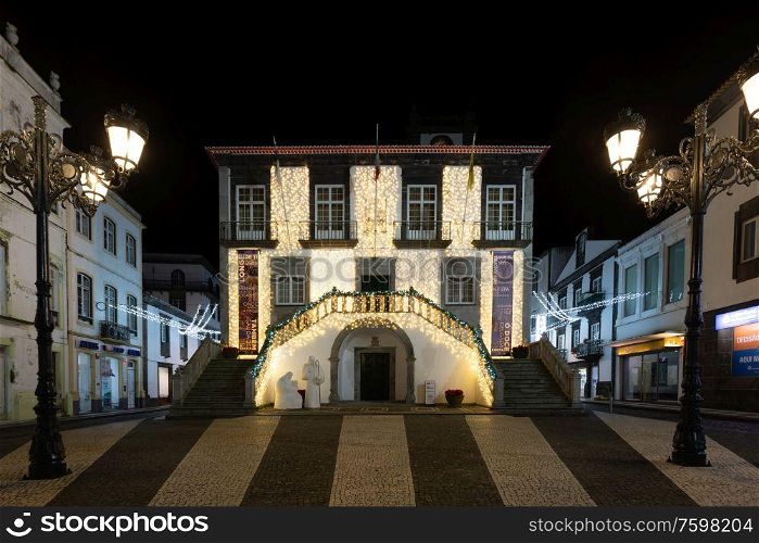 SAO MIGUEL AZORES PORTUGAL on November 25, 2019: Nightscape in Ponta Delgada in Sao Miguel island Azores archipielago Portugal. Fountain detail.