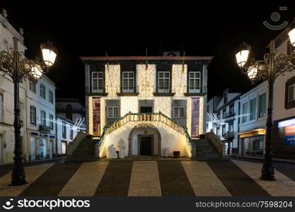 SAO MIGUEL AZORES PORTUGAL on November 25, 2019: Nightscape in Ponta Delgada in Sao Miguel island Azores archipielago Portugal. Fountain detail.
