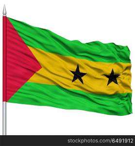 Sao Tome and Principe Flag on Flagpole , Flying in the Wind, Isolated on White Background
