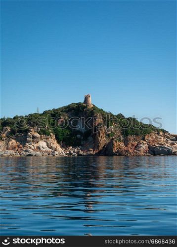 Saracen Tower on Hill in Italy in Sardina Coast