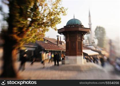 sarajevo capital of bosnia in europe, old city center historical fountain and popular travel destination