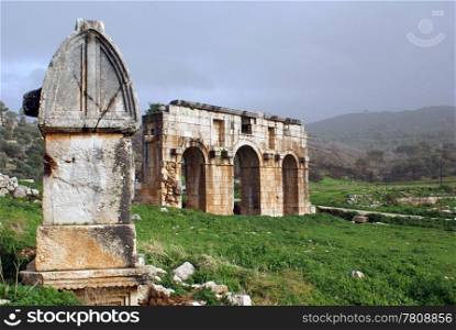 Sarcophagus and old gate in Patara, Turkey
