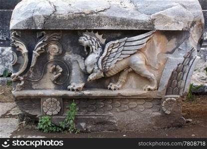 Sarcophagus on ruins of Apollo temple in Didim, Turkey