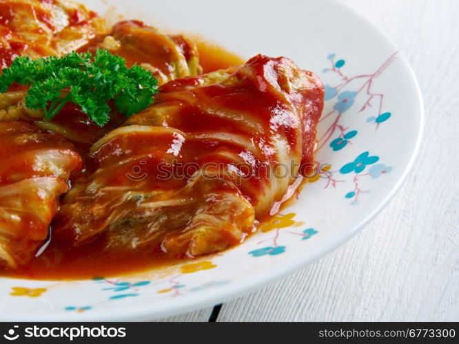 Sarma - dish of grape, cabbage, monk&rsquo;s rhubarb or chard leaves rolled . cuisines of former Ottoman Empire from the Middle East to the Balkans and Central Europe.