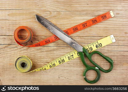 sartorial meter and scissors on the old wooden background