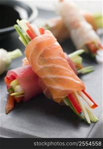 Sashimi and Vegetable Rolls with Soy Sauce