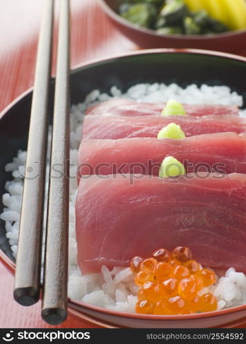 Sashimi of Yellow Fin Tuna on Rice with Salmon Roe Pickles and Wasabi