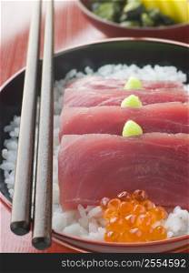 Sashimi of Yellow Fin Tuna on Rice with Salmon Roe Pickles and Wasabi