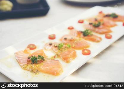 Sashimi salmon set, raw fish, japanese food.(Selective focus)