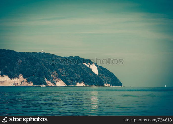 Sassnitz. The famous chalk cliffs shoreline of Jasmund National Park ruegen island germany, view from yacht boat. Chalk cliff rocks of Rugen isle at Sassnitz Germany