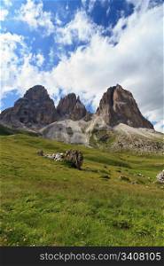 Sassolungo mount on summer from Fassa valley, Italian Dolomites