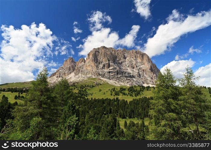 Sassolungo mount on summer from Gardena valley, Italian Dolomites