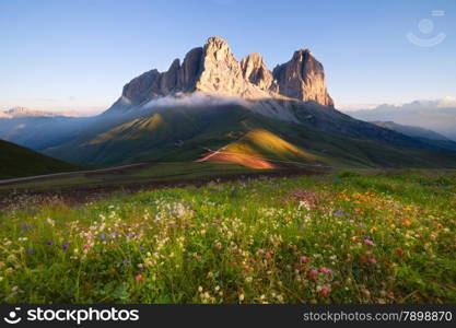 Sassolungo mountain peaks at sunrise, Italian Dolomites