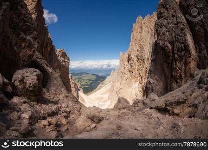 Sassolungo mountain rocky peaks, Italian Dolomites