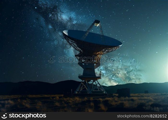 Satellite antenna in sky. Space system. Generate Ai. Satellite antenna in sky. Generate Ai