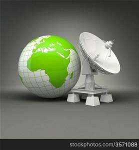 Satellite dish and earth on grey background. 3d