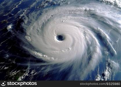 Satellite view of a hurricane over the ocean. The swirling clouds and fierce winds demonstrate the immense strength and destructive force of this natural disaster. Generative AI.. Satellite view Hurricane  