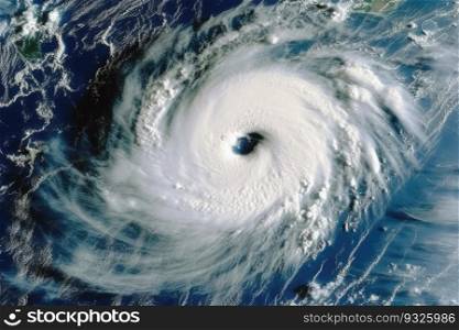 Satellite view of a hurricane over the ocean. The swirling clouds and fierce winds demonstrate the immense strength and destructive force of this natural disaster. Generative AI.. Hurricane over the ocean satellite view 