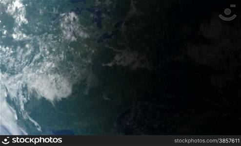 Satellite view of North America as daylight spreads across the globe. Earth clouds and land maps courtesy of NASA: http://visibleearth.nasa.gov/