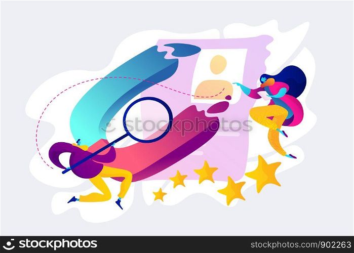 Satisfaction loyalty analysis, customer retention increasing marketing tools concept. Vector isolated concept illustration with tiny people and floral elements. Hero image for website.. Satisfaction and loyalty analysis concept vector illustration.