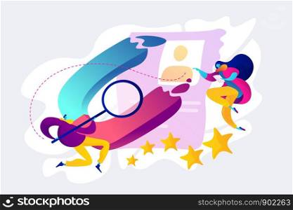 Satisfaction loyalty analysis, customer retention increasing marketing tools concept. Vector isolated concept illustration with tiny people and floral elements. Hero image for website.. Satisfaction and loyalty analysis concept vector illustration.