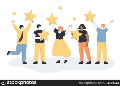 Satisfied adults holding gold rating stars in hands. Customers evaluating service and giving feedback flat vector illustration. Business, best experience, clients review concept