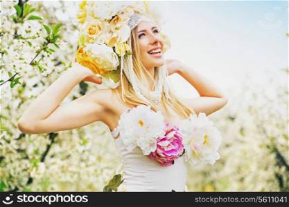 Satisfied blond woman resting in the bosom of the nature