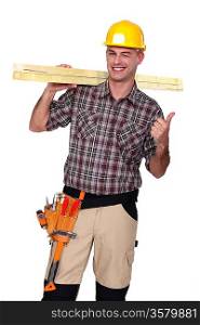 Satisfied building worker on white background