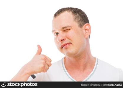 satisfied man makes a gesture with thumb up isolated