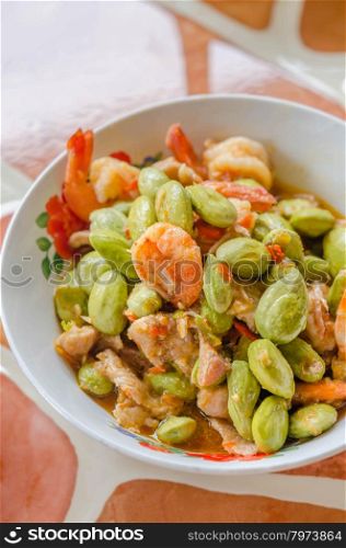 sato shrimp. Stir-fried stink bean with shrimp and chili