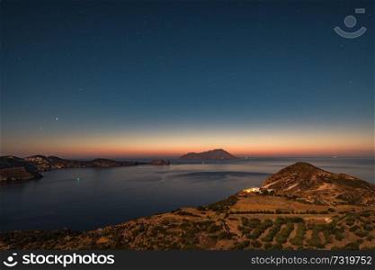 Satrry skys of Greek islands, night landscape of calm Mediterranean sea, romantic place for summer vacation 