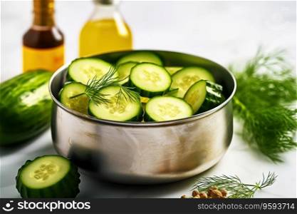 Saucepan with fresh cucumbers and olive oil on a white background.