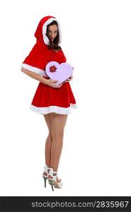 Saucy Miss Santa with a heart shaped giftbox