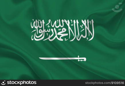 Saudi Arabia country flag on wavy silk fabric panorama background - illustration. Saudi Arabia country flag on wavy silk fabric panorama background