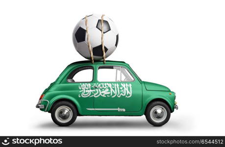 Saudi Arabia football car. Saudi Arabia flag on car delivering soccer or football ball isolated on white background