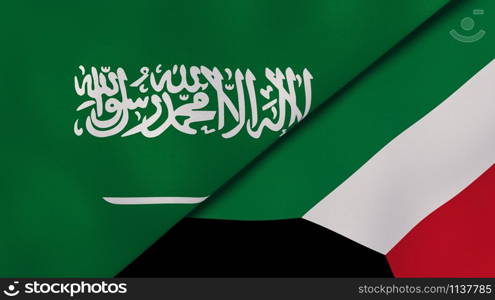 Saudi Arabia Kuwait national flags. News, reportage, business background. 3D illustration.. Saudi Arabia Kuwait national flags. News, reportage, business background. 3D illustration