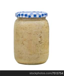 Sauerkraut in a glass jar isolated on white background