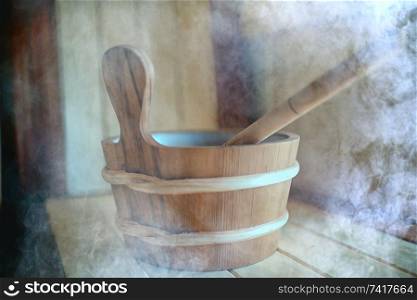 sauna accessories / spa concept, sauna relaxation, hot sauna accessories, steam, bucket, heat