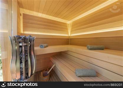 sauna room interior and sauna accessories