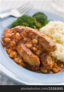 Sausage and Baked Bean Casserole with Mashed Potato and Broccoli