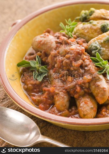 Sausage and Lentil Stew with Pesto Roasted Potatoes