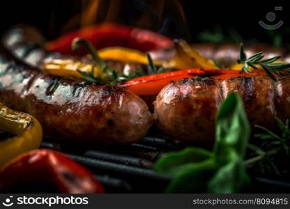 Sausage bake closeup. Cooking grill. Generate Ai. Sausage bake closeup. Generate Ai