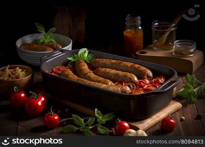 Sausage bake table. Nutrition dinner. Generate Ai. Sausage bake table. Generate Ai