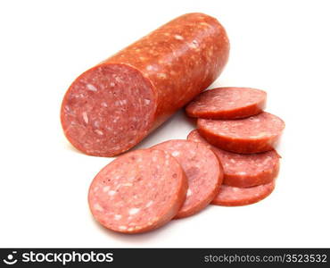 Sausage cut by slices on a white background